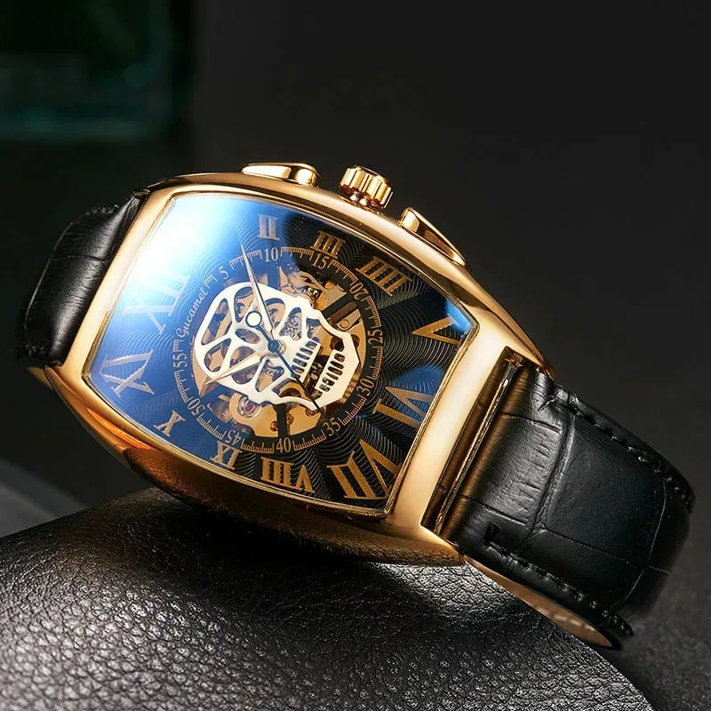 Luxury Tonneau Skull Automatic Watch for Men | Hollow Tourbillon Mechanical Wristwatch | Leather Strap Iced Out Watch | 2026 Male Gift Drop Shipping | Caratix - CaratixJewelry